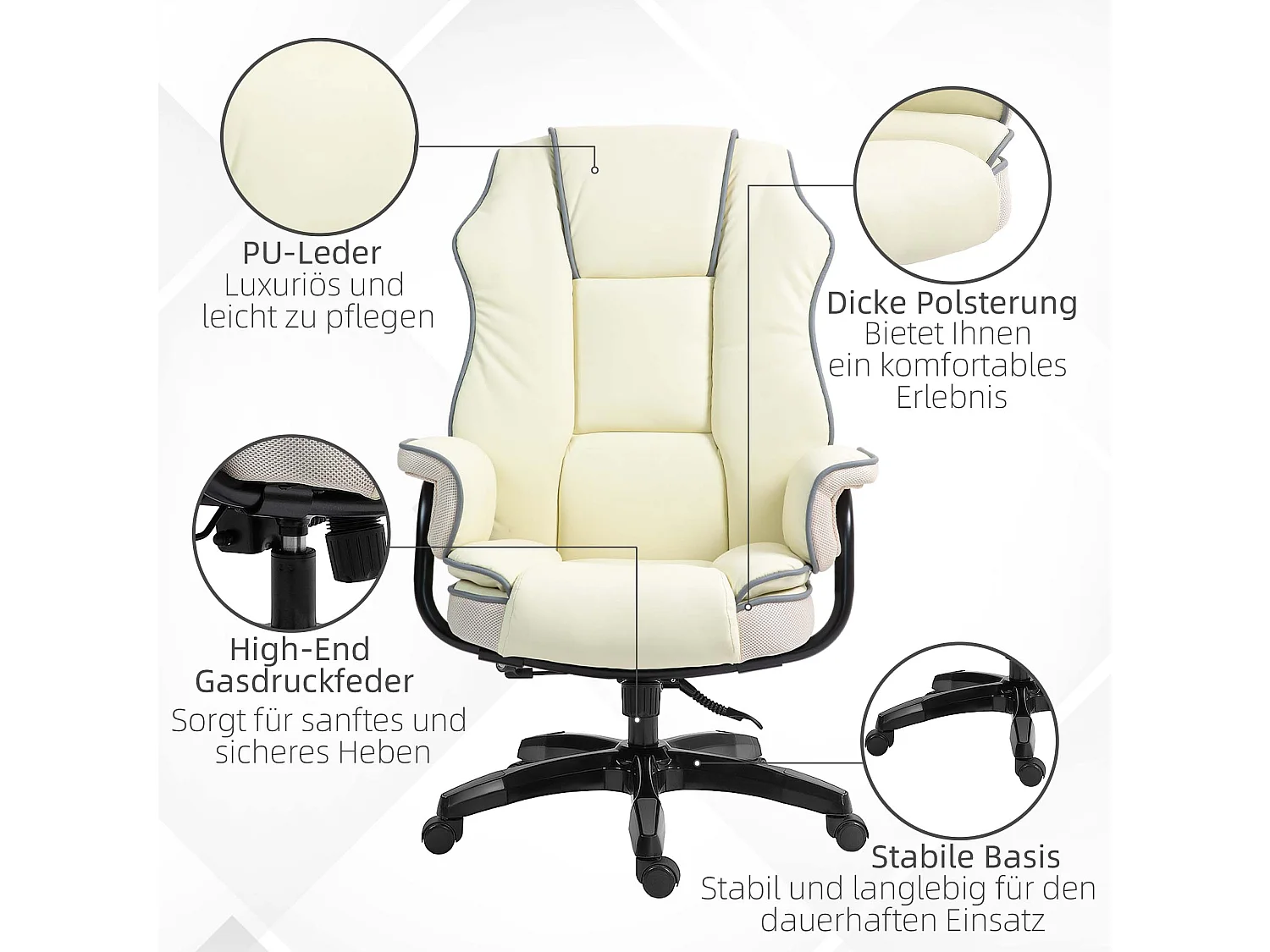 Chaise longue ergonomica color crema con cassetto inclinabile e funzione relax per l'home-office