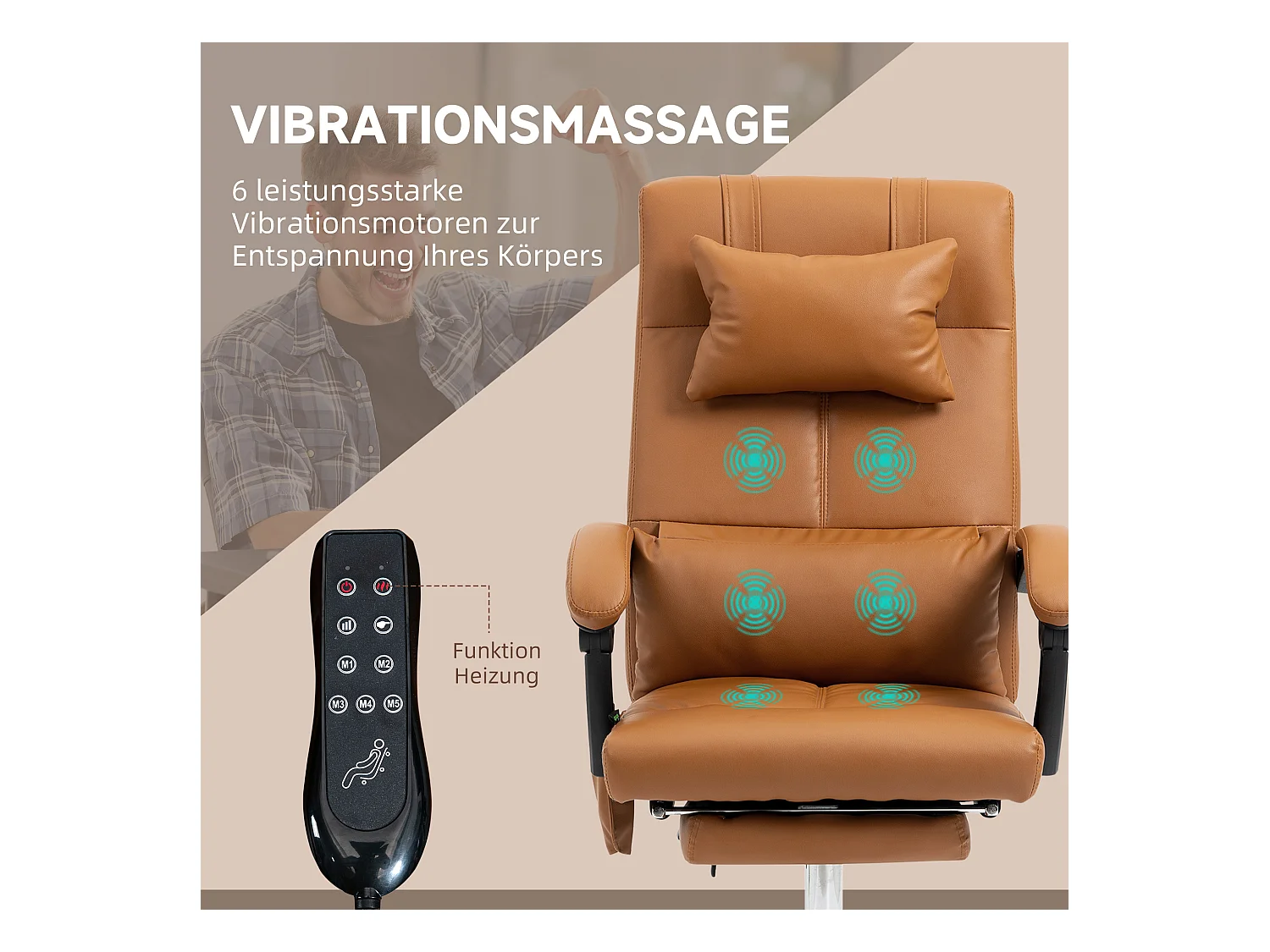 Sillón de oficina masaje en piel sintética con calor lumbar 66x67x115-123cm marrón claro