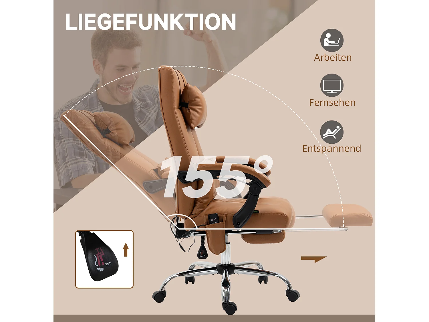 Chaise de bureau massage en cuir synthétique avec chaleur lombaire 66x67x115-123cm brun clair