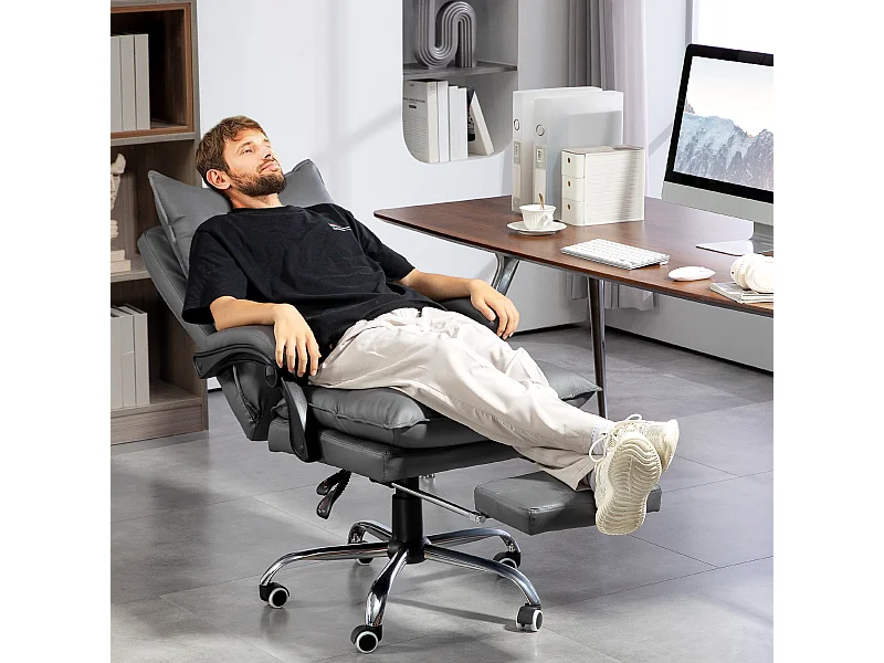 Silla de oficina ergonómica de piel sintética con reposapiés reclinable, gris oscuro