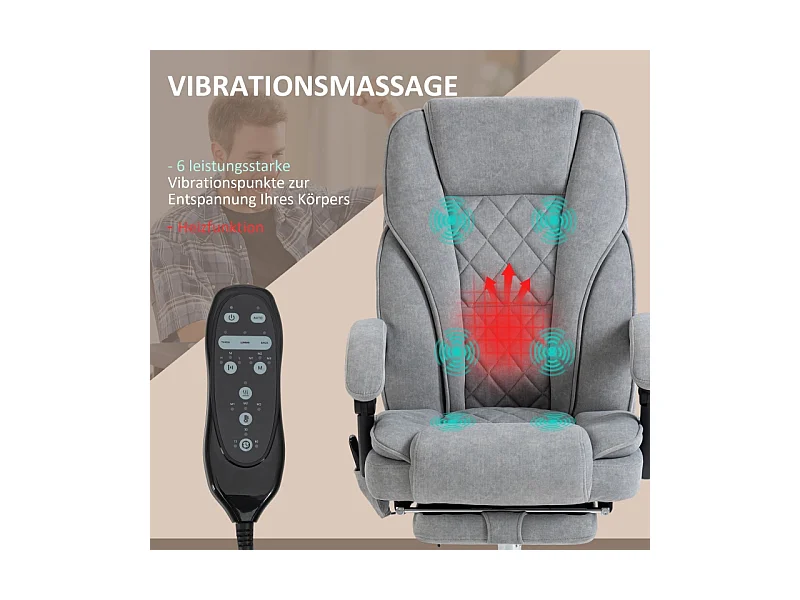 Cadeira de escritório ergonômica com massagem aquecida e apoio para os pés em tecido cinza