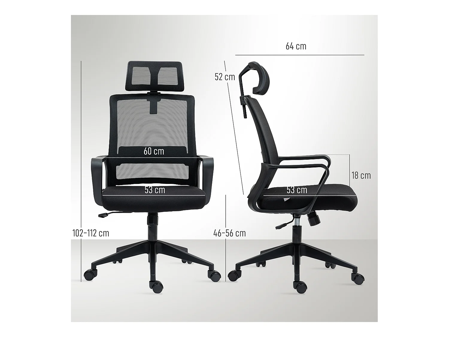 Sedia da ufficio ergonomica Mesh girevole con comodini e poggiatesta regolabile nero 60x64x102-112cm