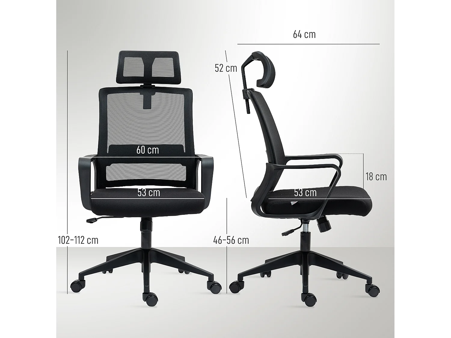 Chaise de bureau ergonomique Mesh pivotante avec accoudoirs et appui-tête réglable noir 60x64x102-112cm