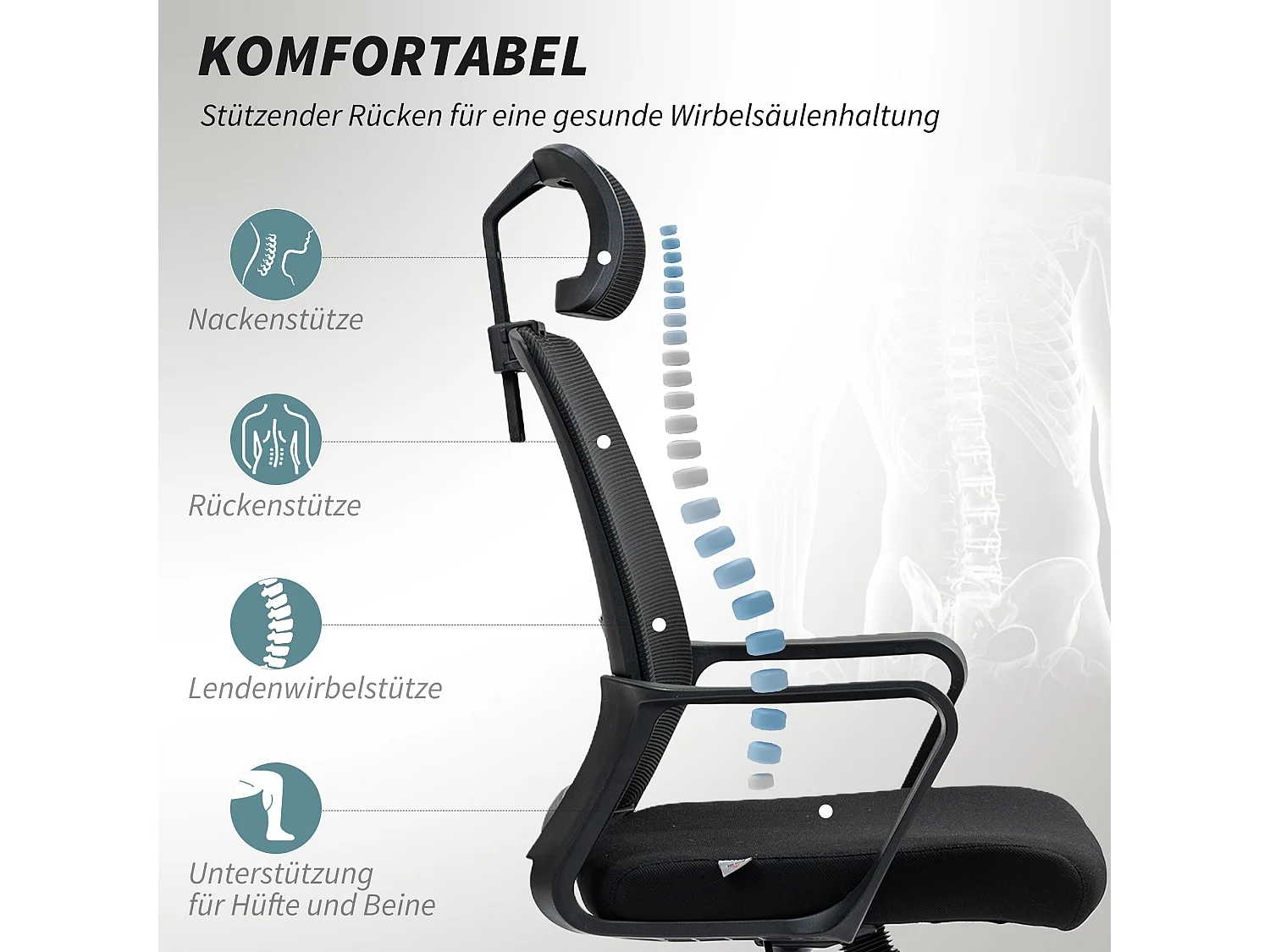 Chaise de bureau ergonomique Mesh pivotante avec accoudoirs et appui-tête réglable noir 60x64x102-112cm
