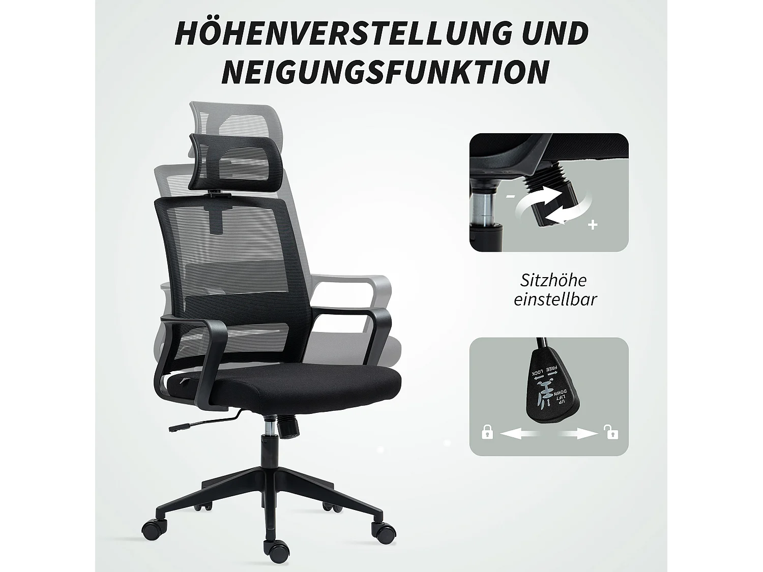 Chaise de bureau ergonomique Mesh pivotante avec accoudoirs et appui-tête réglable noir 60x64x102-112cm
