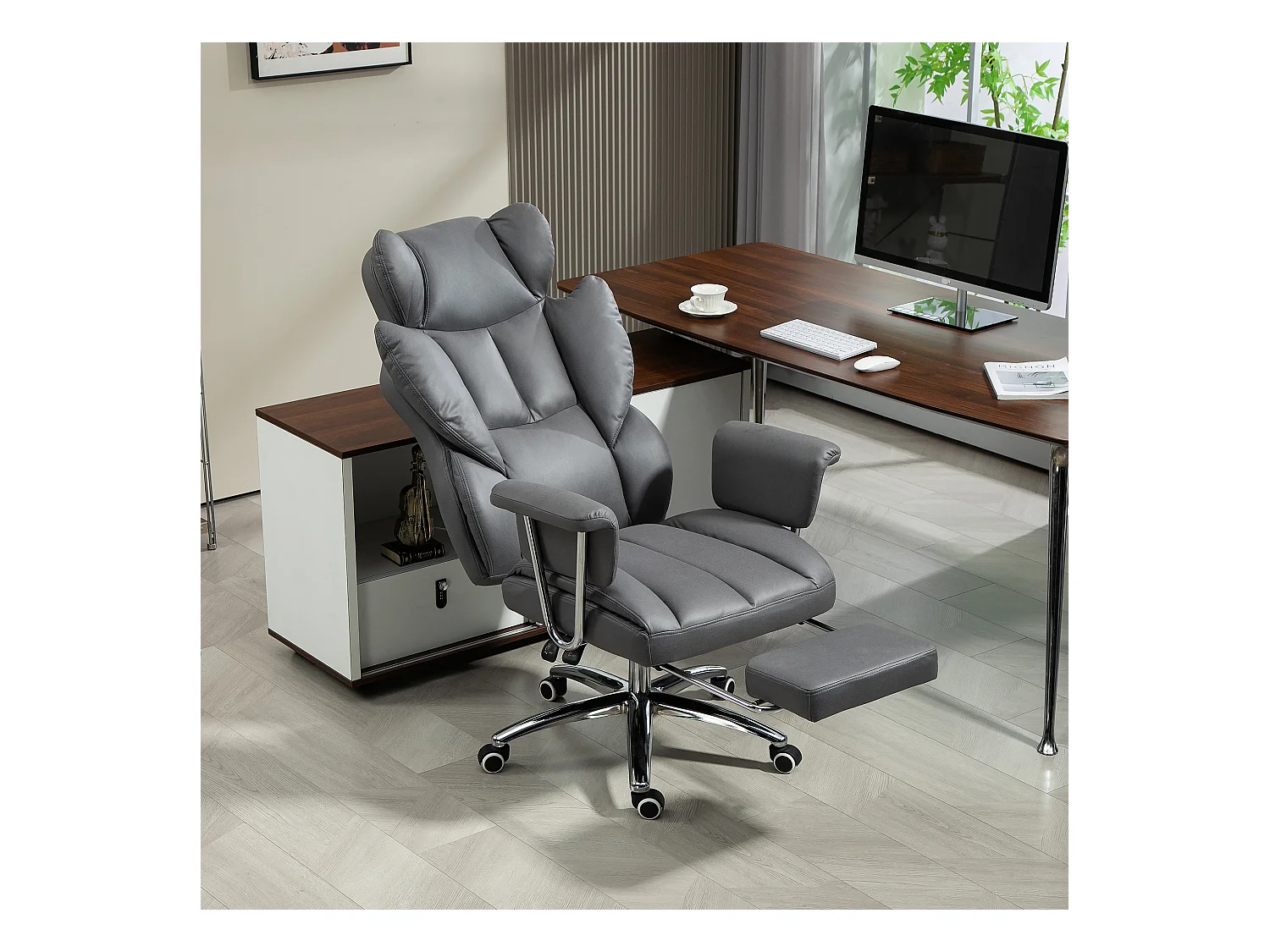 Chaise de Bureau ergonomica girevole con poggiapiedi e dossier inclinabile grigio foncé 74x65x120-128cm