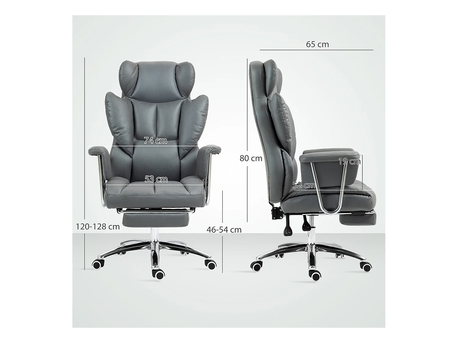 Chaise de Bureau ergonomica girevole con poggiapiedi e dossier inclinabile grigio foncé 74x65x120-128cm