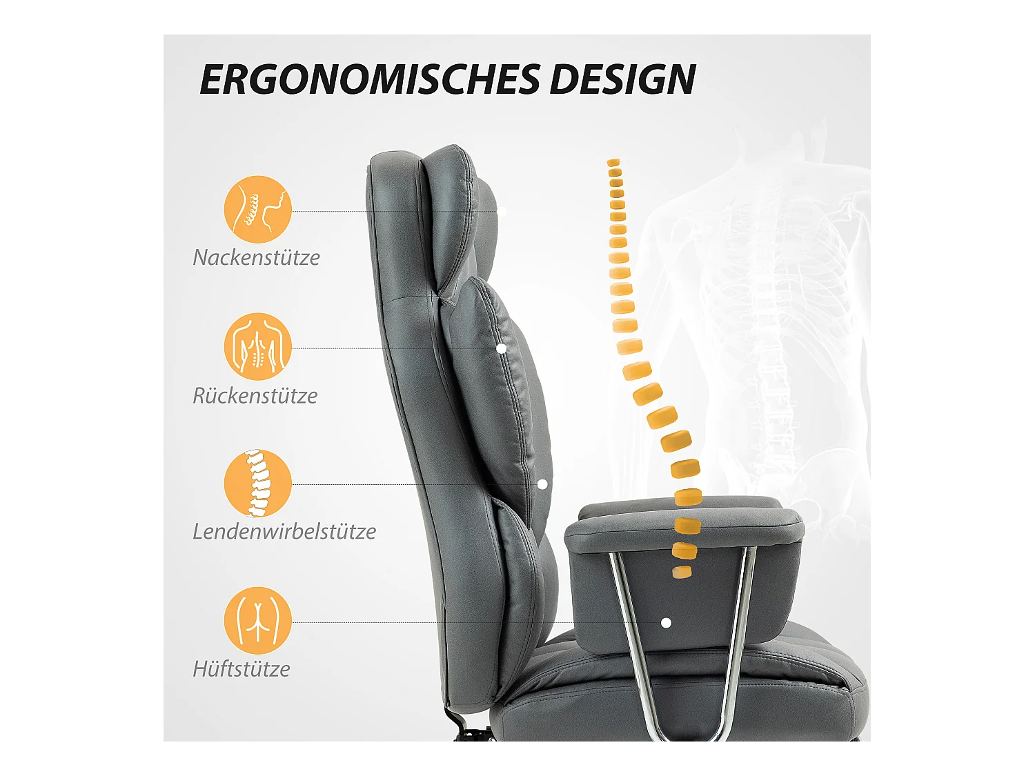 Chaise de Bureau ergonomica girevole con poggiapiedi e dossier inclinabile grigio foncé 74x65x120-128cm