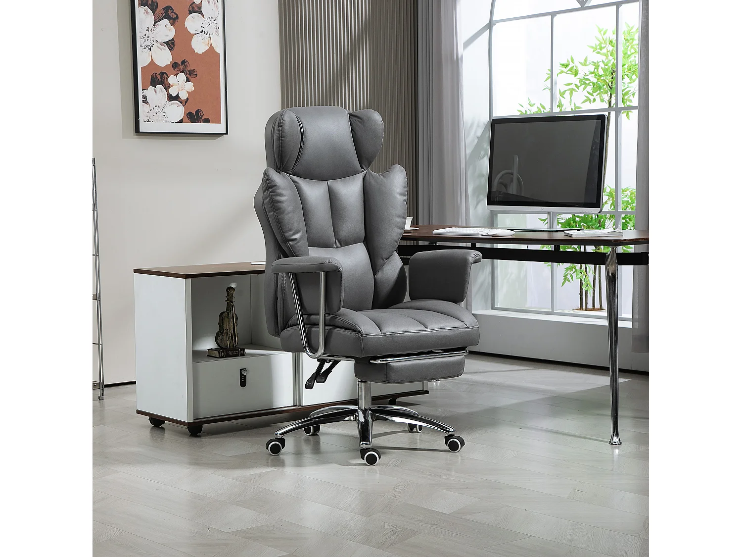 Chaise de Bureau ergonomica girevole con poggiapiedi e dossier inclinabile grigio foncé 74x65x120-128cm