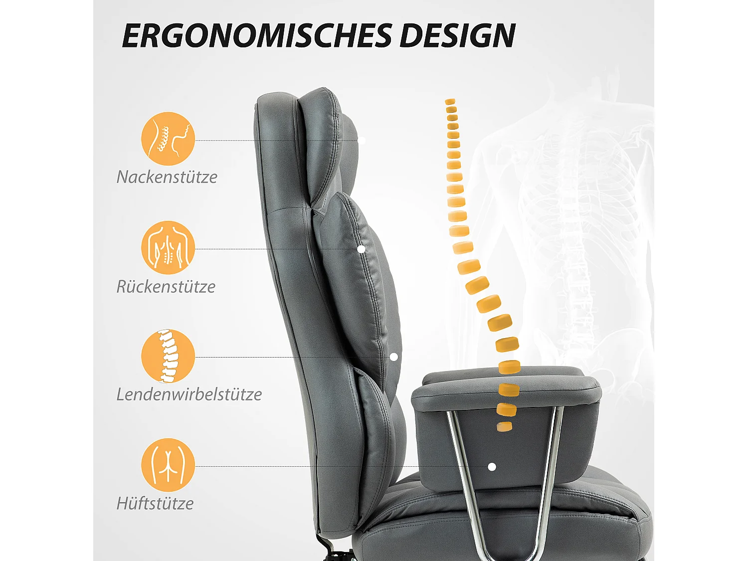 Chaise de Bureau ergonomica girevole con poggiapiedi e dossier inclinabile grigio foncé 74x65x120-128cm