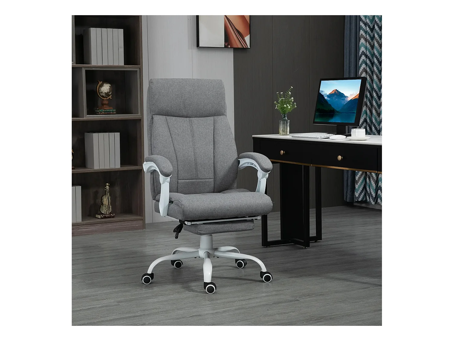 Cadeira de escritório ergonômica com encosto ajustável, inclinação de 155° e apoio para os pés em linho cinza