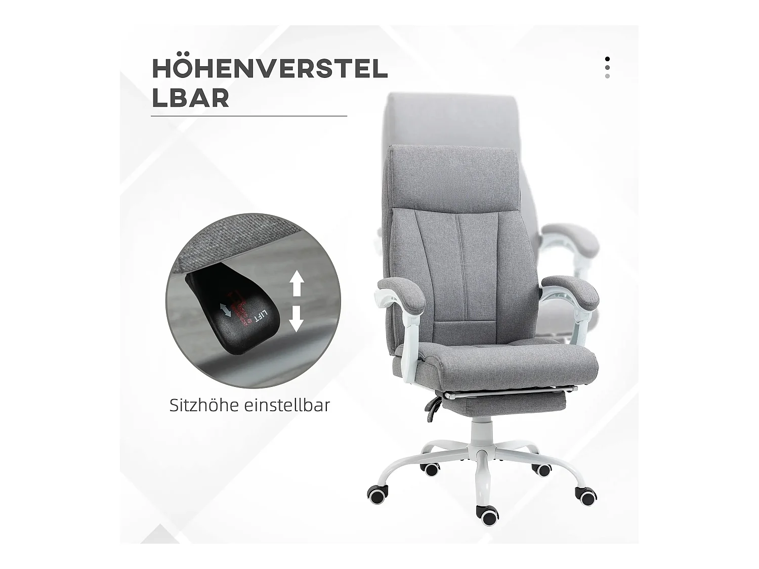 Cadeira de escritório ergonômica com encosto ajustável, inclinação de 155° e apoio para os pés em linho cinza