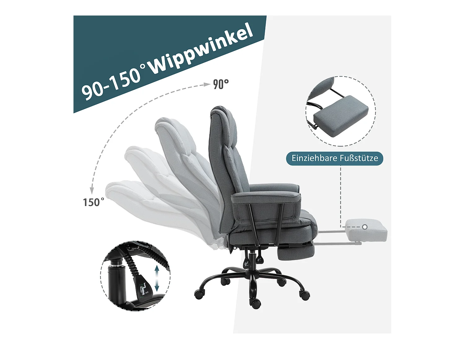 Chaise-office ergonomica inclinabile 150° in pelle sintetica grigia con appui-tête 135 kg