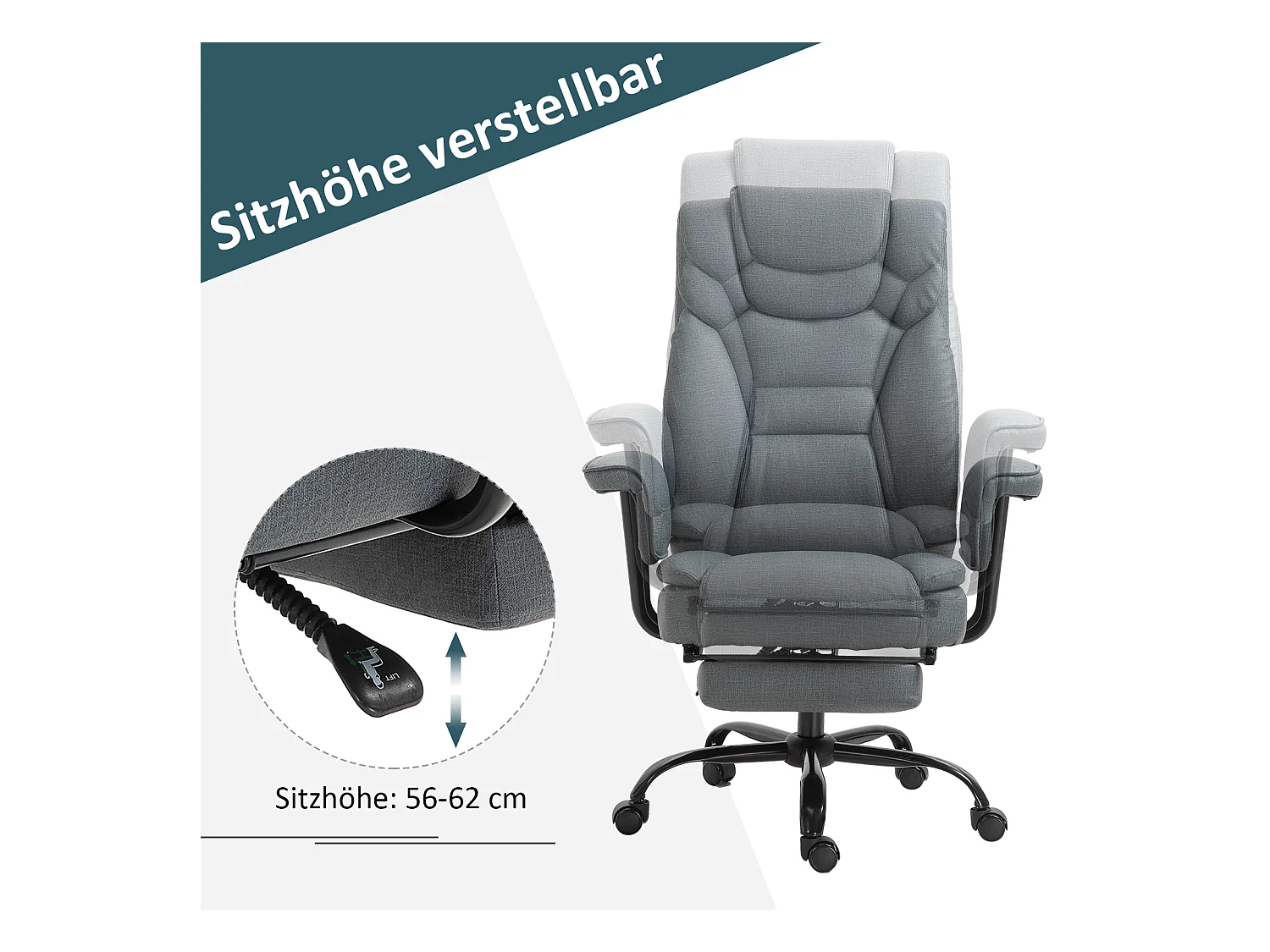 Chaise-office ergonomica inclinabile 150° in pelle sintetica grigia con appui-tête 135 kg