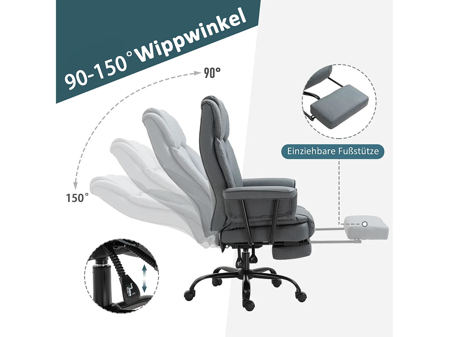 Chaise-office ergonomica inclinabile 150° in pelle sintetica grigia con appui-tête 135 kg