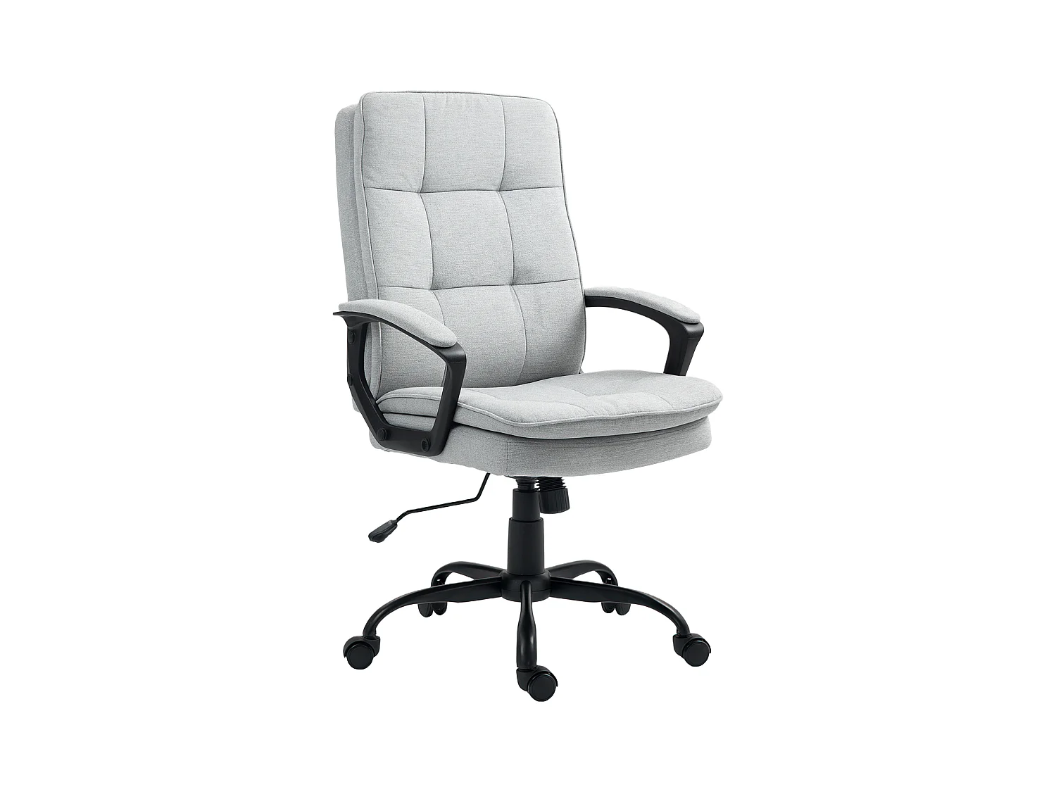 Silla de oficina ergonómica de lino gris con reposabrazos ajustables y función de balanceo.