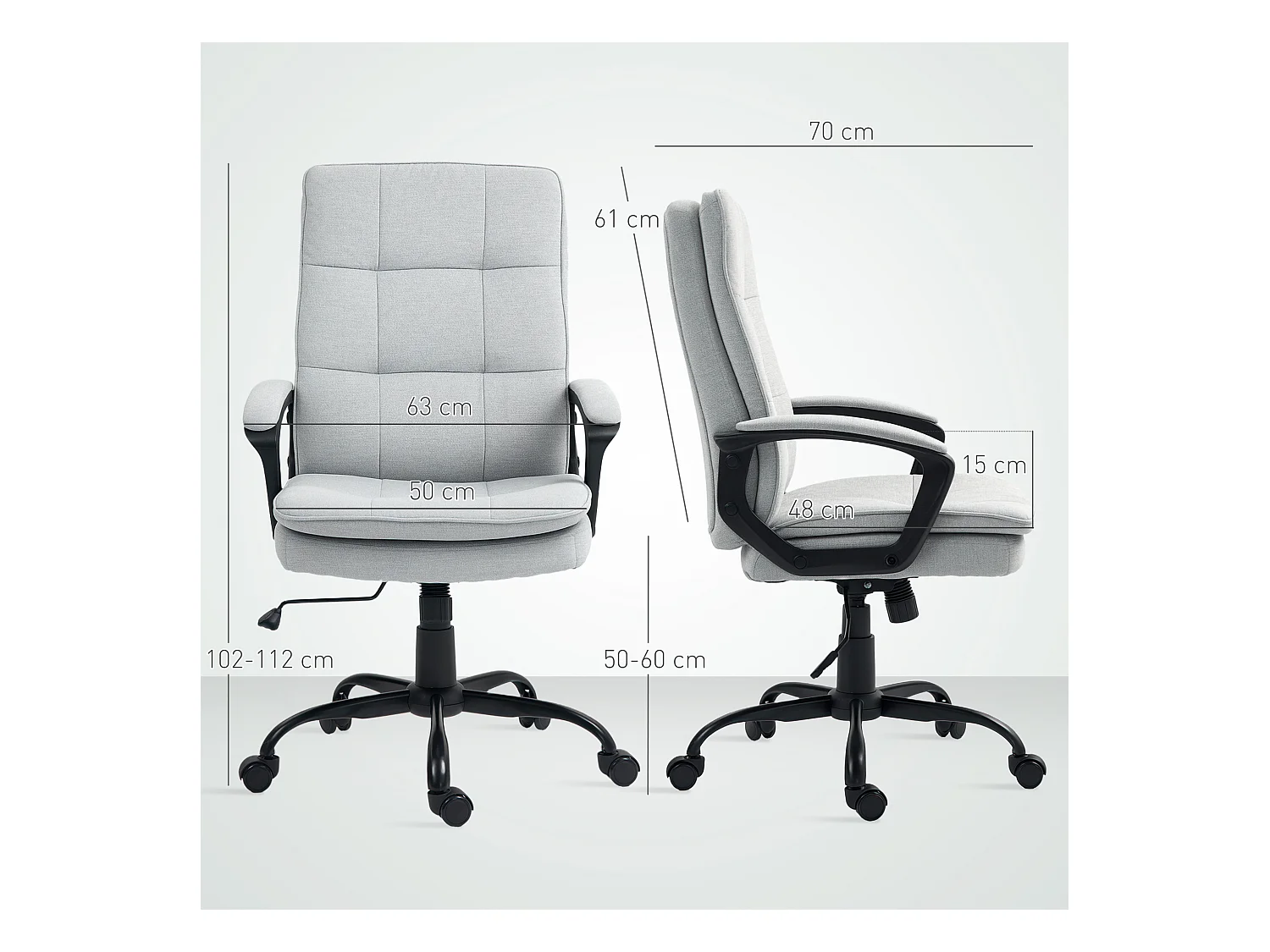 Silla de oficina ergonómica de lino gris con reposabrazos ajustables y función de balanceo.