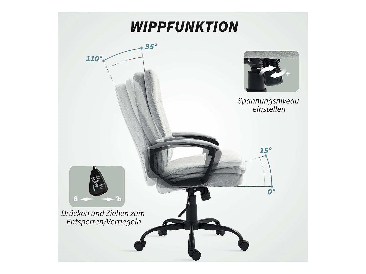 Silla de oficina ergonómica de lino gris con reposabrazos ajustables y función de balanceo.