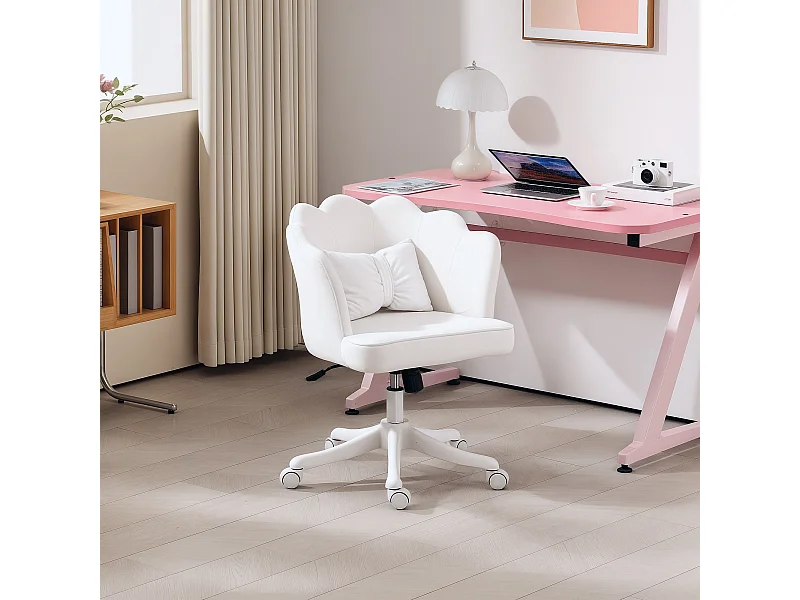 Chaise Bureau velours bianco con accoudoirs, pivotante, réglable et rembourrée 54 cm