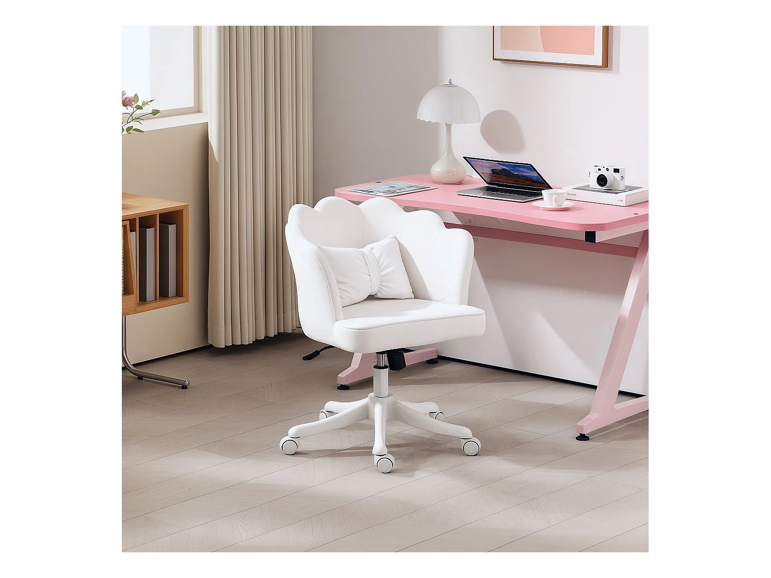 Chaise Bureau velours bianco con accoudoirs, pivotante, réglable et rembourrée 54 cm