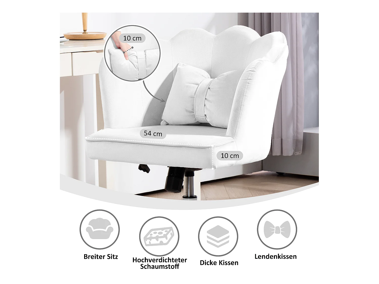 Chaise Bureau velours bianco con accoudoirs, pivotante, réglable et rembourrée 54 cm