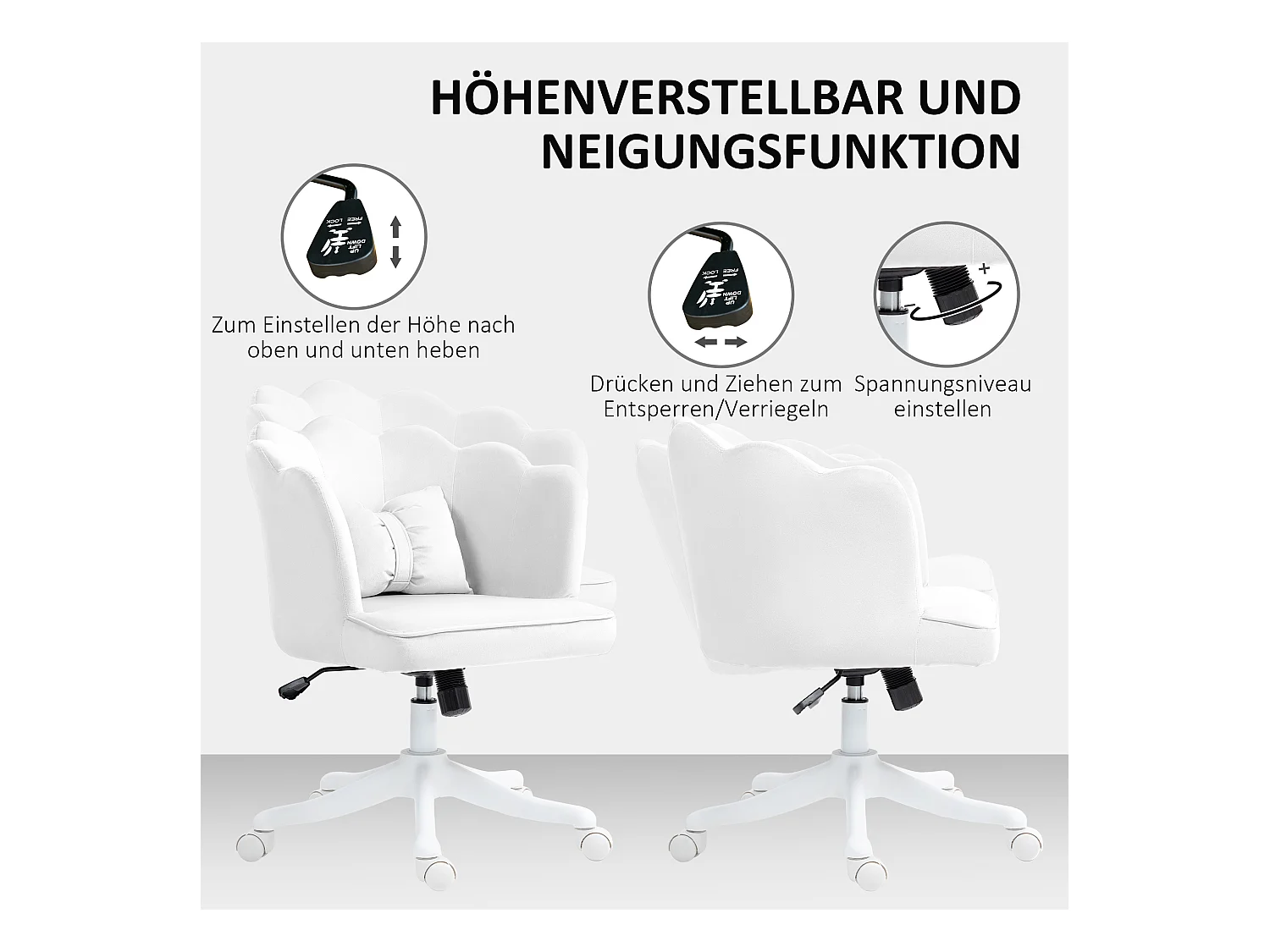 Chaise Bureau velours bianco con accoudoirs, pivotante, réglable et rembourrée 54 cm