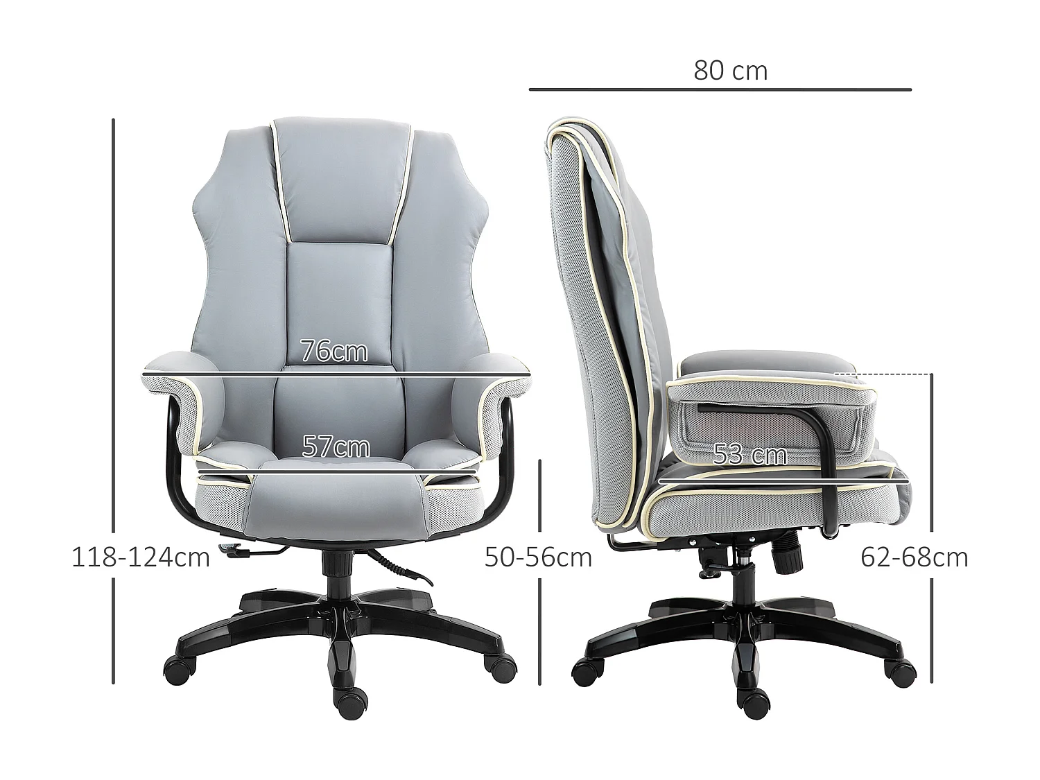 Chaise de bureau ergonomique inclinable jusqu’à 150° réglable pivotante gris clair 76x80x118-124cm