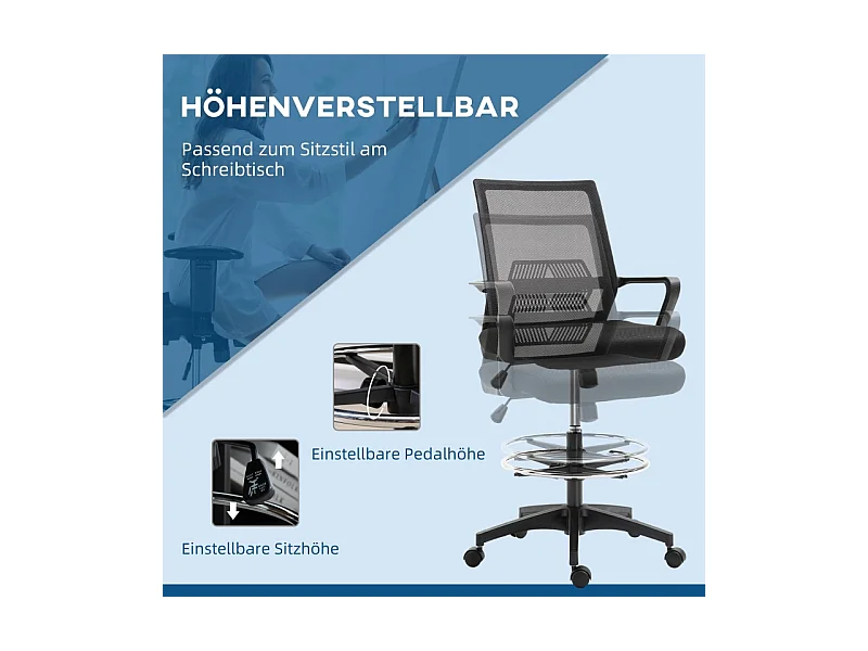 Sedia da ufficio ergonomica con dossier in maglia, piedini regolabili, Nero 64x59x104-124 cm