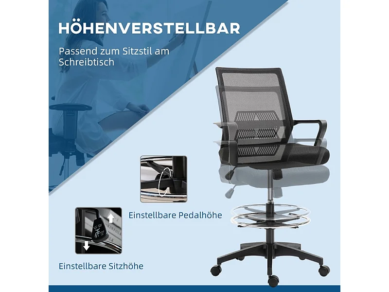 Sedia da ufficio ergonomica con dossier in maglia, piedini regolabili, Nero 64x59x104-124 cm