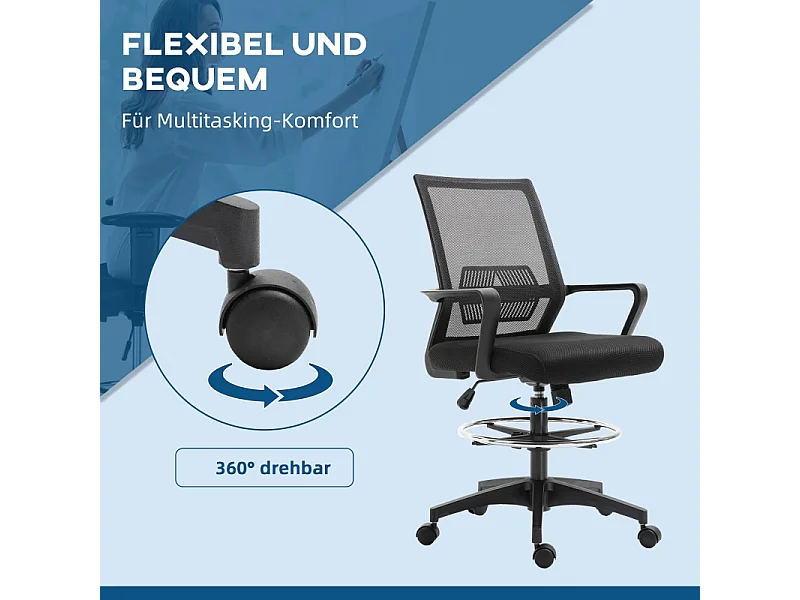 Sedia da ufficio ergonomica con dossier in maglia, piedini regolabili, Nero 64x59x104-124 cm