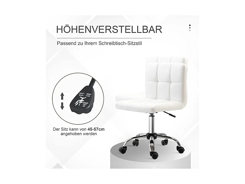 Silla de oficina ergonómica sin brazos en piel sintética blanca, regulable y giratoria.