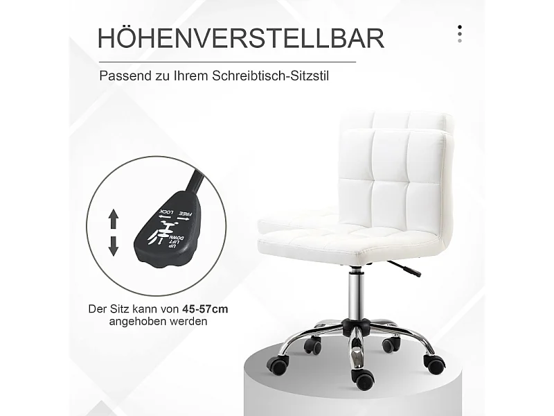 Chaise de bureau ergonomique sans accoudoirs en simili cuir blanc, réglable et pivotante