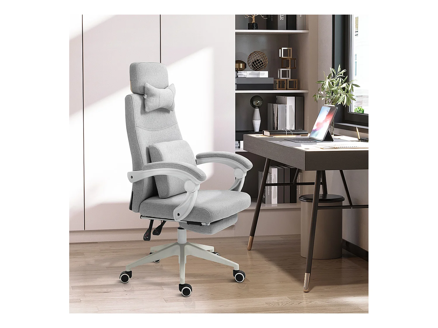 Silla ergonómica de oficina gaming de tela con reposabrazos y reposapiés inclinables 160° 62x68x117-127 cm