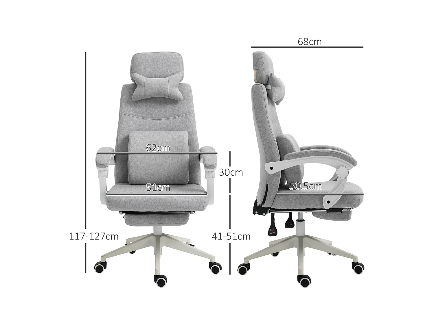 Silla ergonómica de oficina gaming de tela con reposabrazos y reposapiés inclinables 160° 62x68x117-127 cm