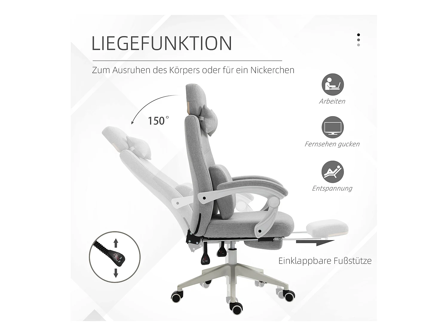 Silla ergonómica de oficina gaming de tela con reposabrazos y reposapiés inclinables 160° 62x68x117-127 cm