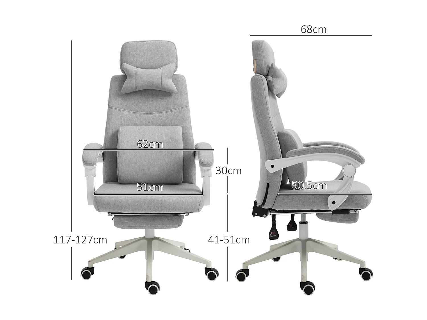 Chaise de bureau gaming ergonomique tissu avec accoudoirs inclinable 160° et repose-pieds 62x68x117-127 cm