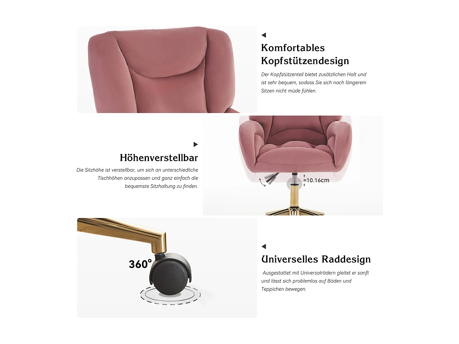 Fauteuil Bureau velours rose pivotant réglable 360° interno pied dorés