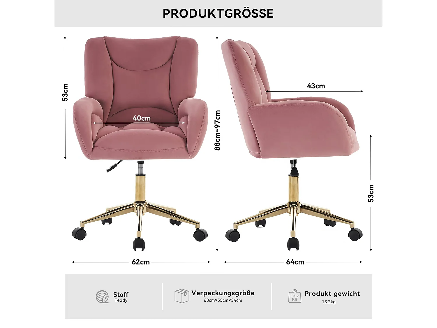 Fauteuil Bureau velours rose pivotant réglable 360° interno pied dorés