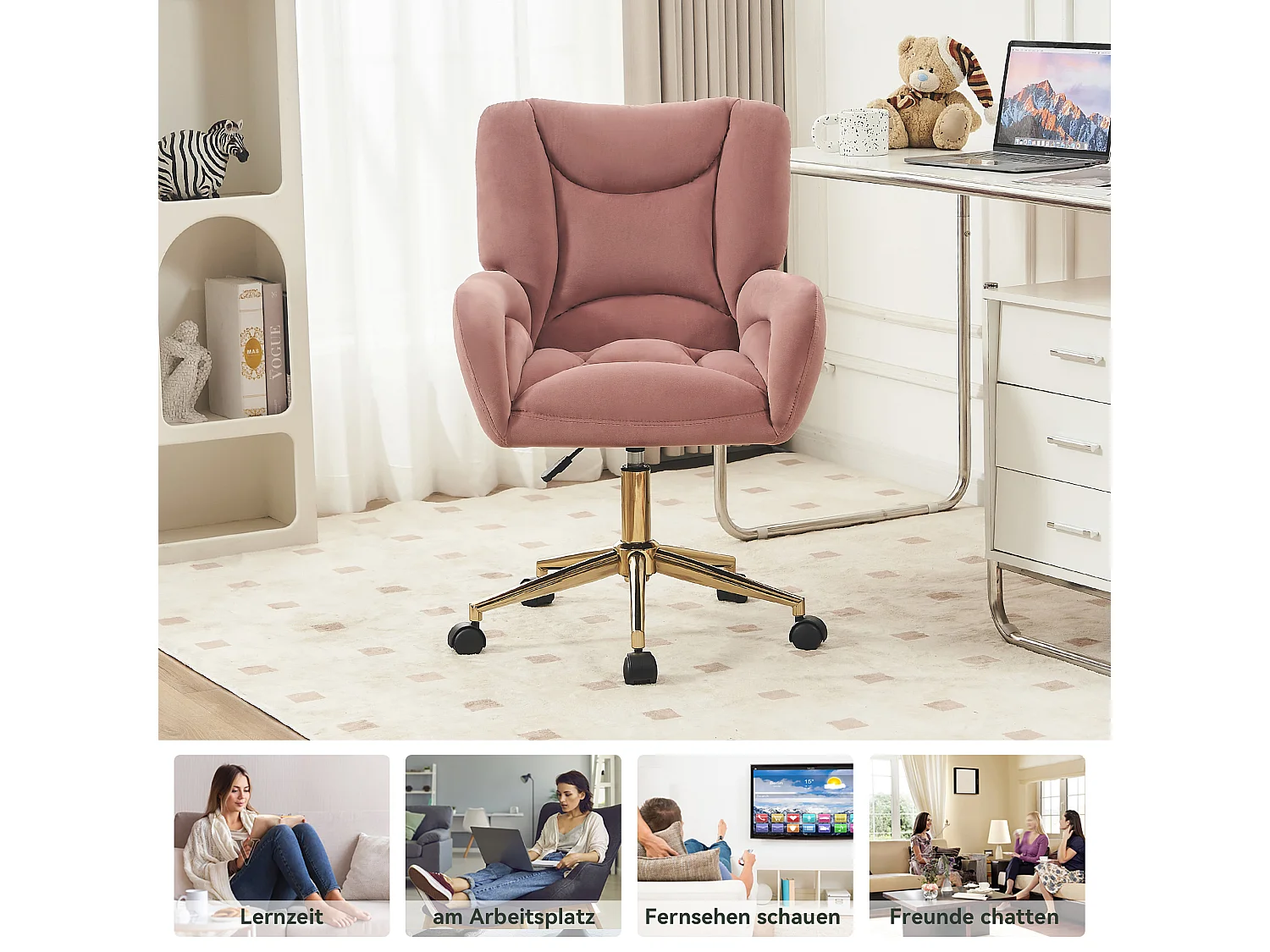 Fauteuil Bureau velours rose pivotant réglable 360° interno pied dorés