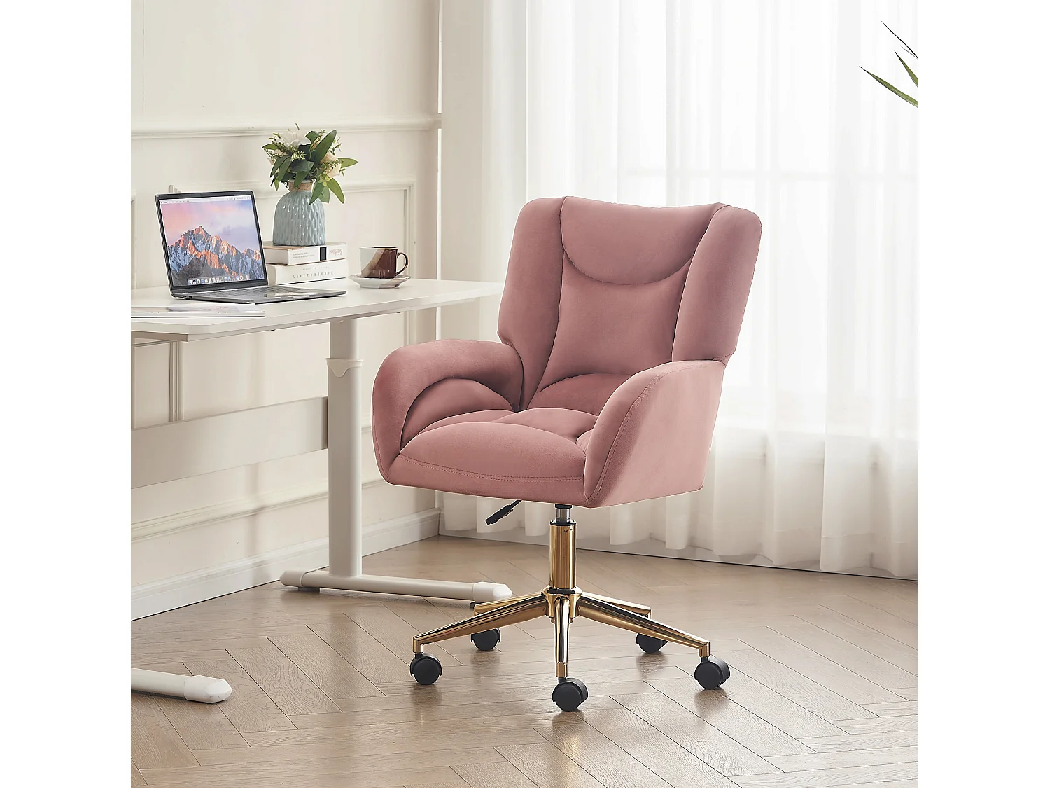 Fauteuil Bureau velours rose pivotant réglable 360° interno pied dorés