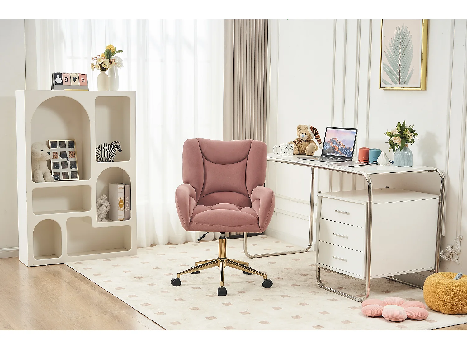 Fauteuil Bureau velours rose pivotant réglable 360° interno pied dorés