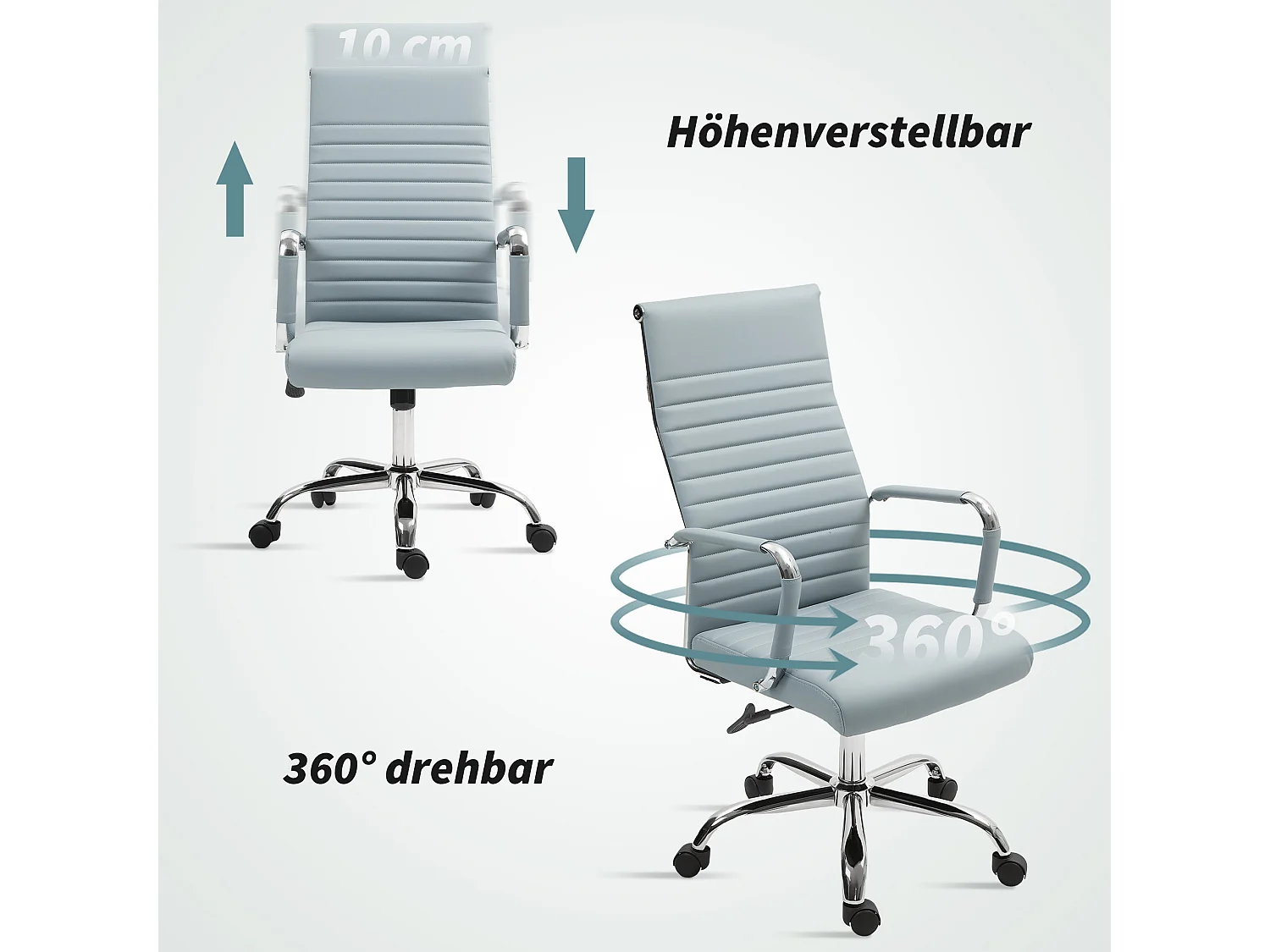 Silla de oficina ergonómica de piel sintética con reposabrazos y función de balanceo, gris claro