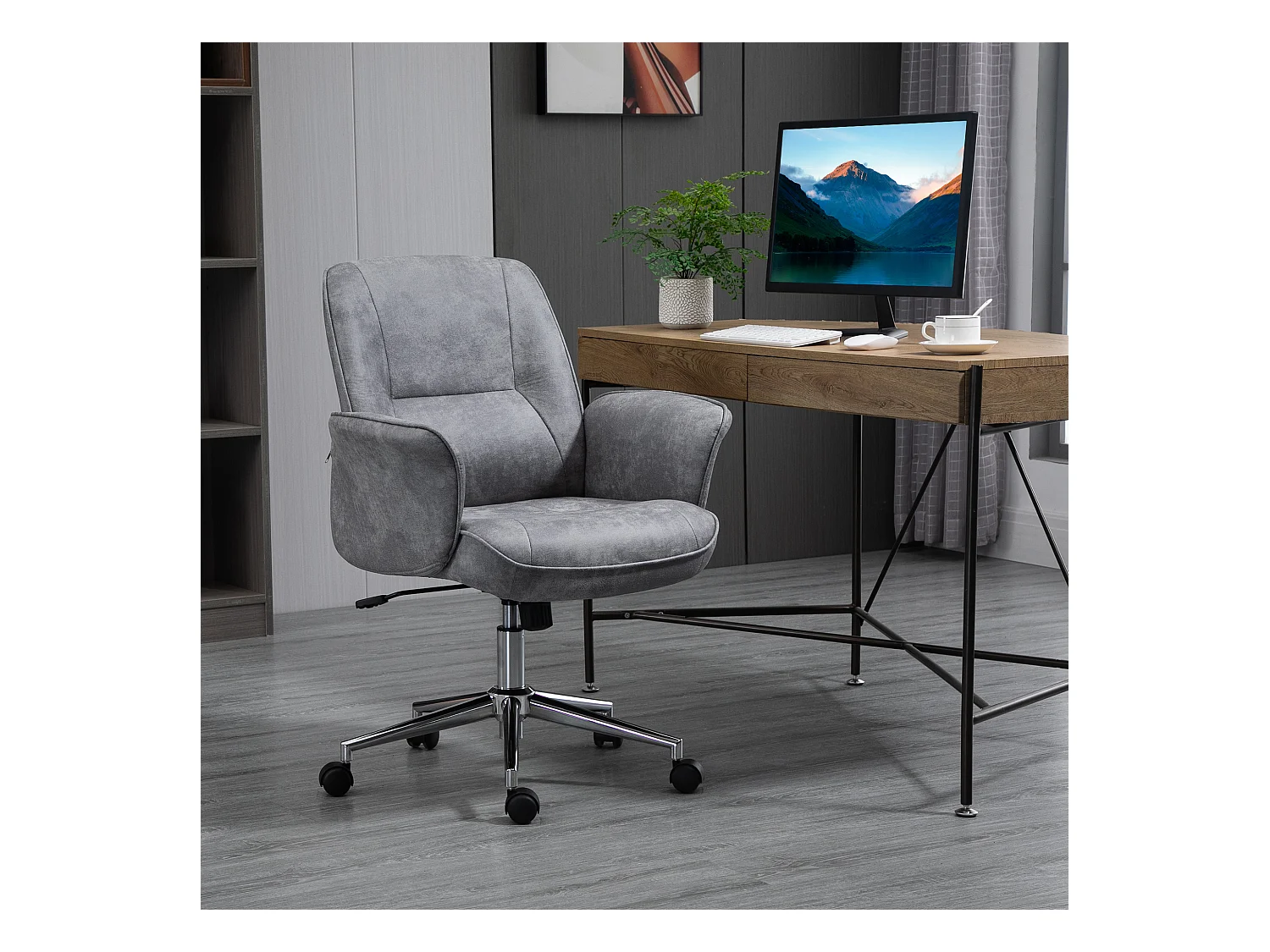 Cadeira de escritório ergonômica XXL em tecido com braços ajustáveis ​​e função de balanço, cinza claro