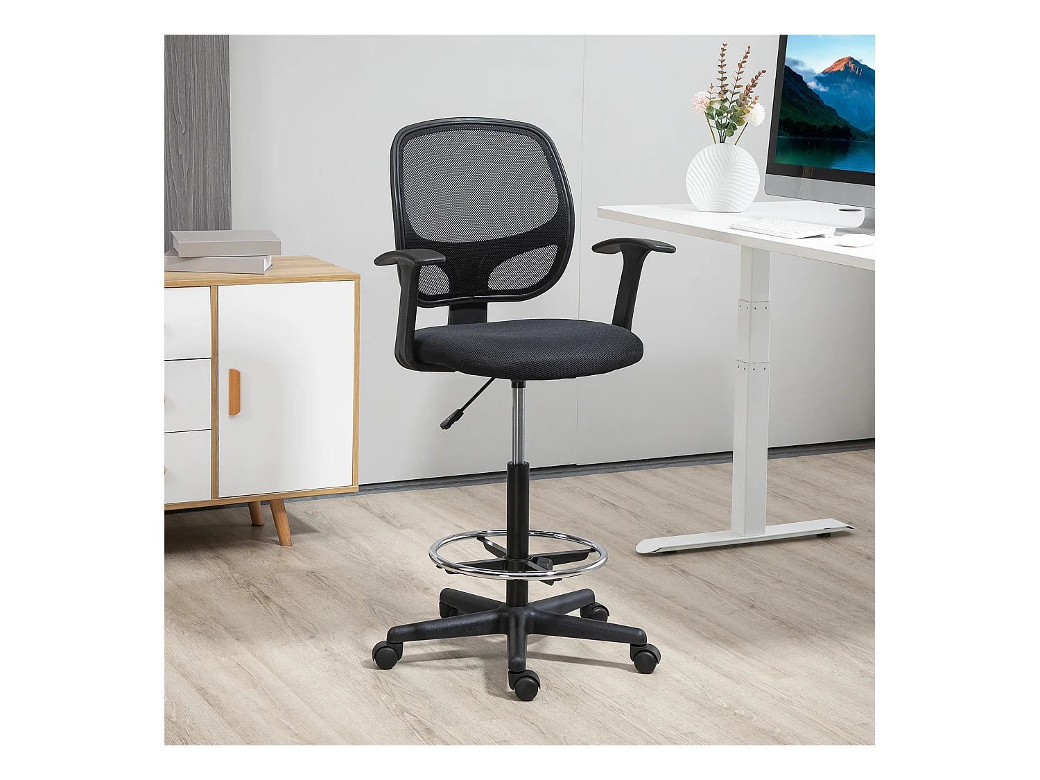 Chaise Bureau ergonomica dessin pivotante con repose-pieds, noir 60x56x110-132 cm