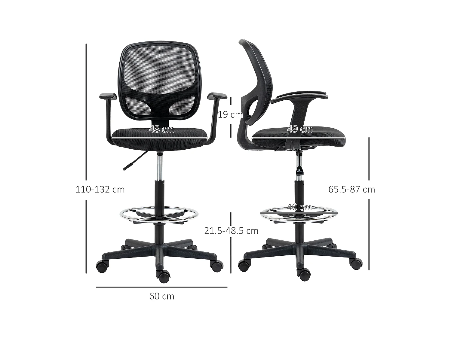 Chaise Bureau ergonomica dessin pivotante con repose-pieds, noir 60x56x110-132 cm