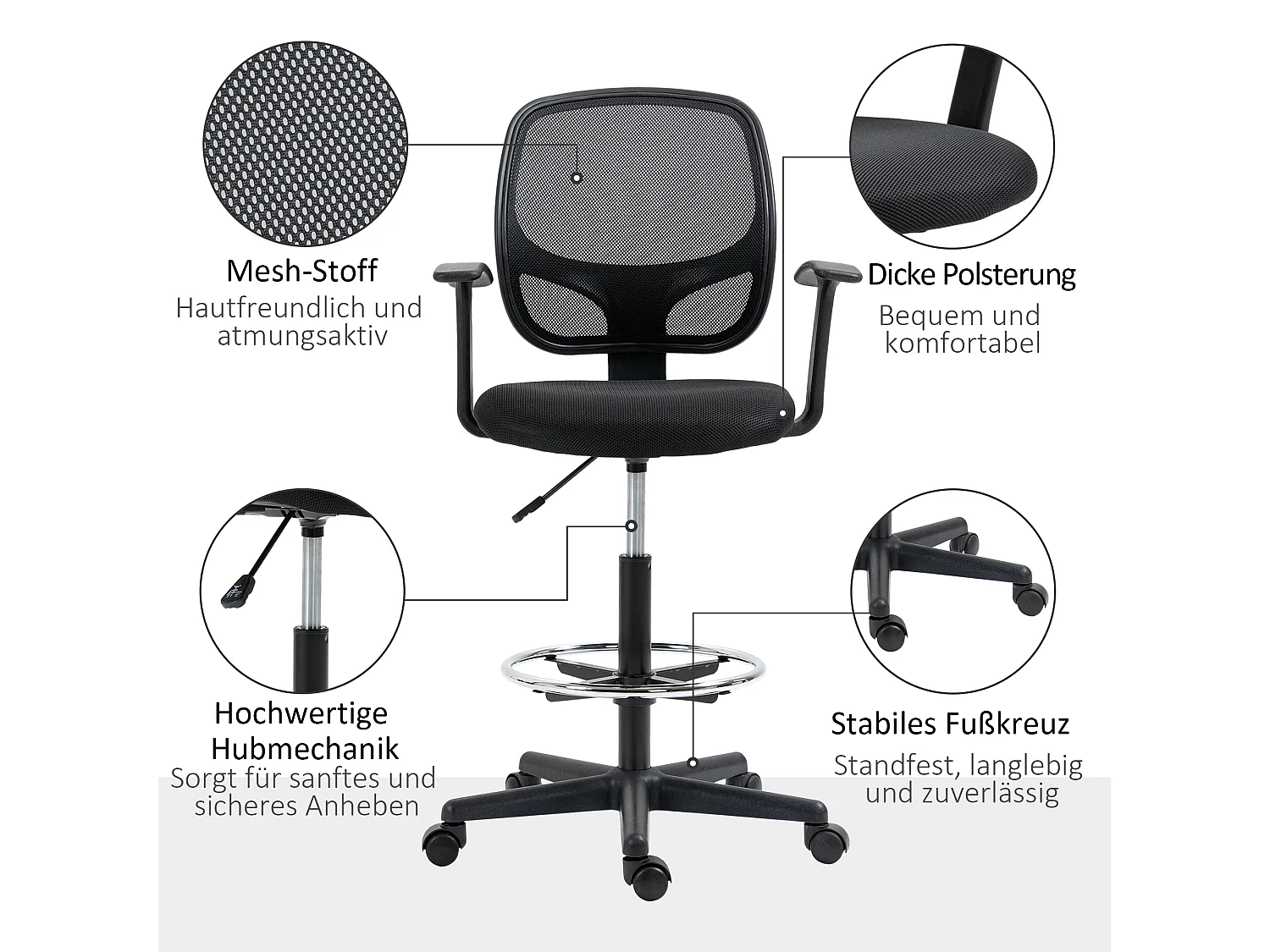 Cadeira de escritório ergonômica com design giratório e apoio para os pés, preta 60x56x110-132 cm