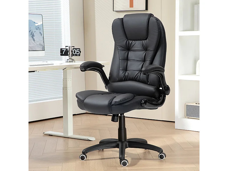 Silla de oficina ergonómica ajustable de PU negra con reposabrazos plegables y función de balanceo