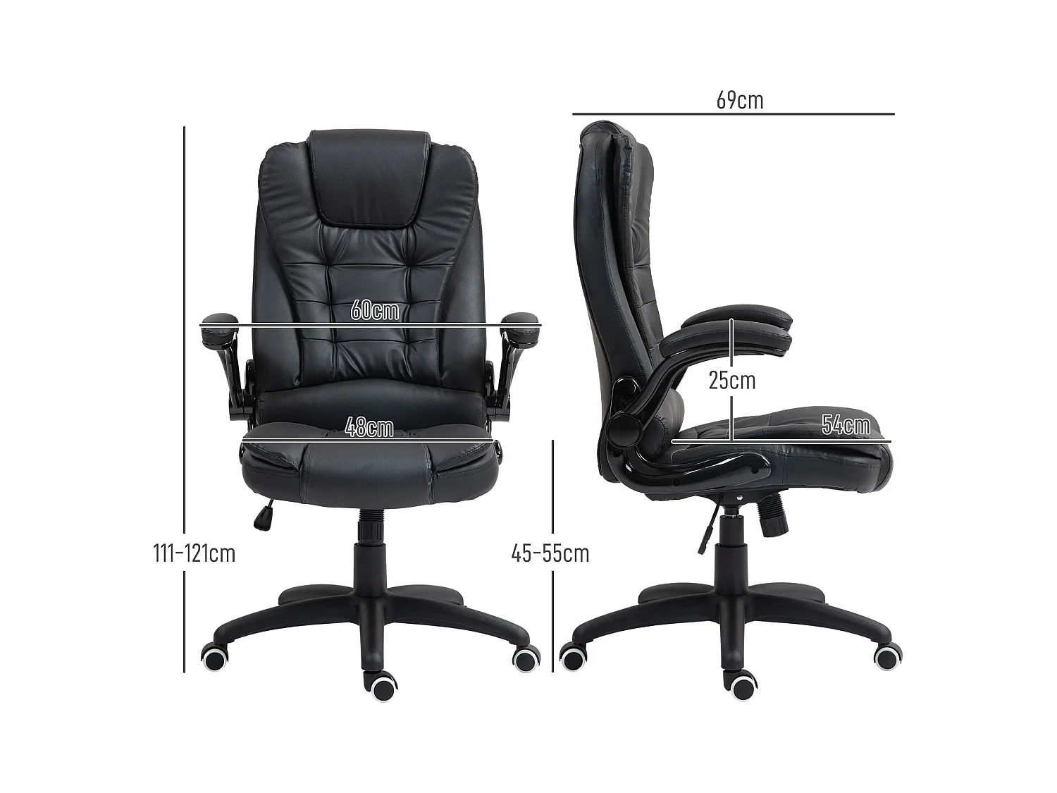 Cadeira de escritório ergonômica preta ajustável em PU com braços dobráveis ​​e função de balanço