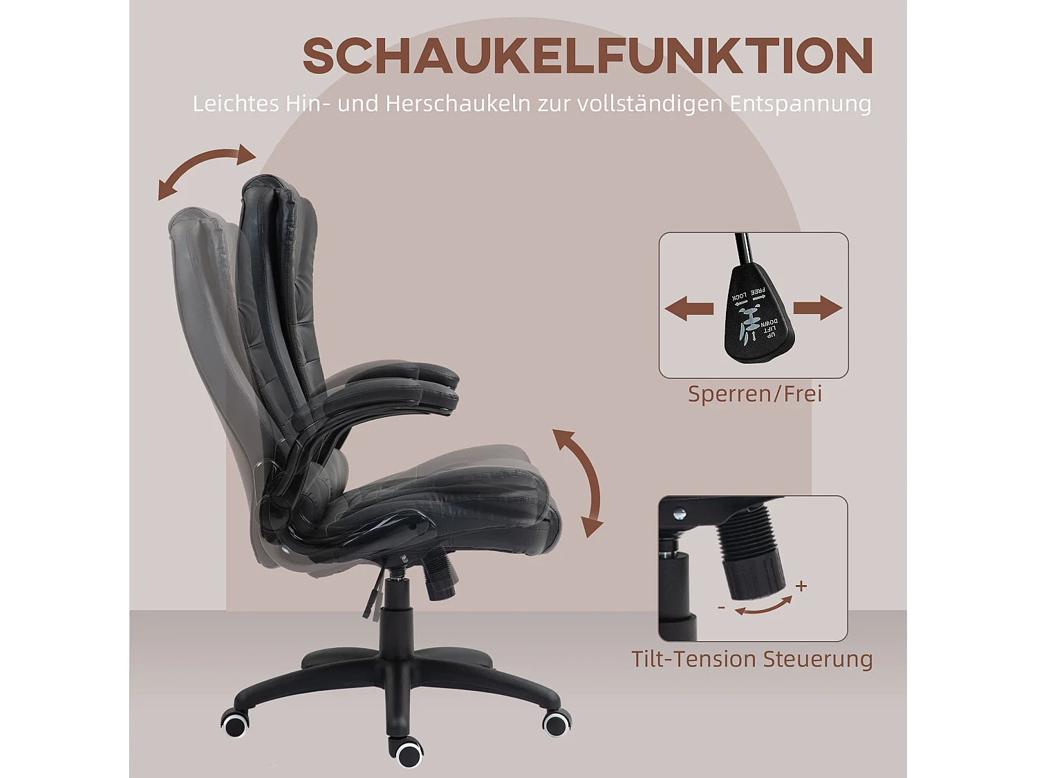 Chaise longue PU nera ergonomica regolabile con comodini regolabili e funzione basculante