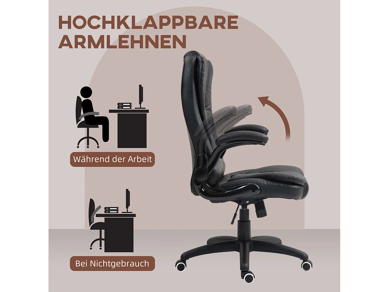 Silla de oficina ergonómica ajustable de PU negra con reposabrazos plegables y función de balanceo